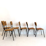 Suite of 6 chairs, wood straw and metal from the 50s