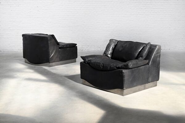 Paire de fauteuils lounge en cuir et acier de Luciano Frigerio, Italie 19