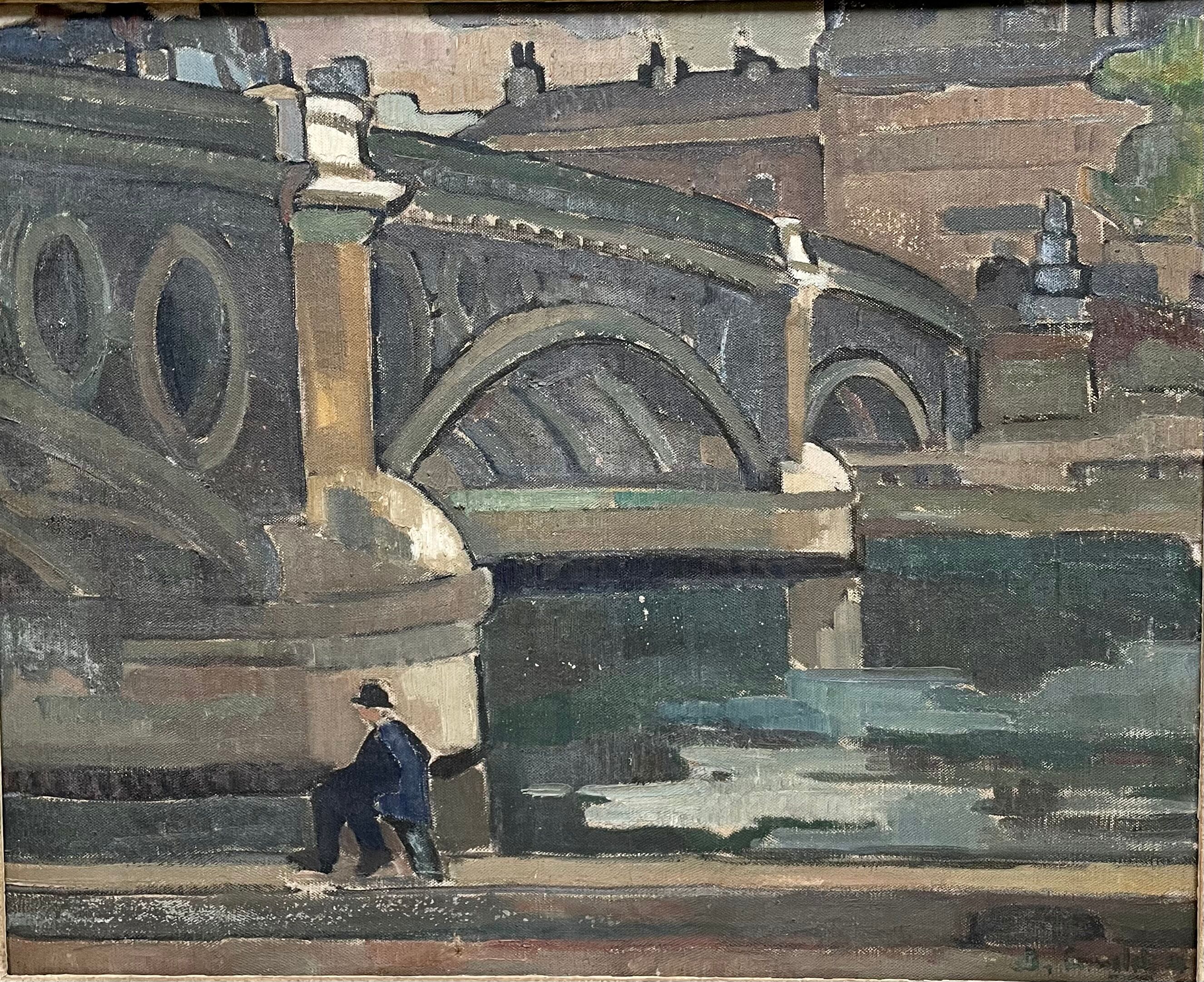 Peinture, un pêcheur en bord de seine