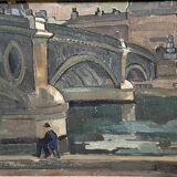 Painting, fisherman on the banks of the seine