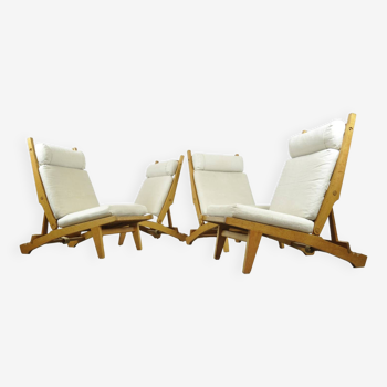 Rare set of 4 deckchairs AP71 including footstool by Hans Wegner for AP Stolen, Denmark 1968