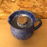 Ancien Pichet Rafraîchissoir Carafe Terre Cuite Émaillée Bleu Vintage