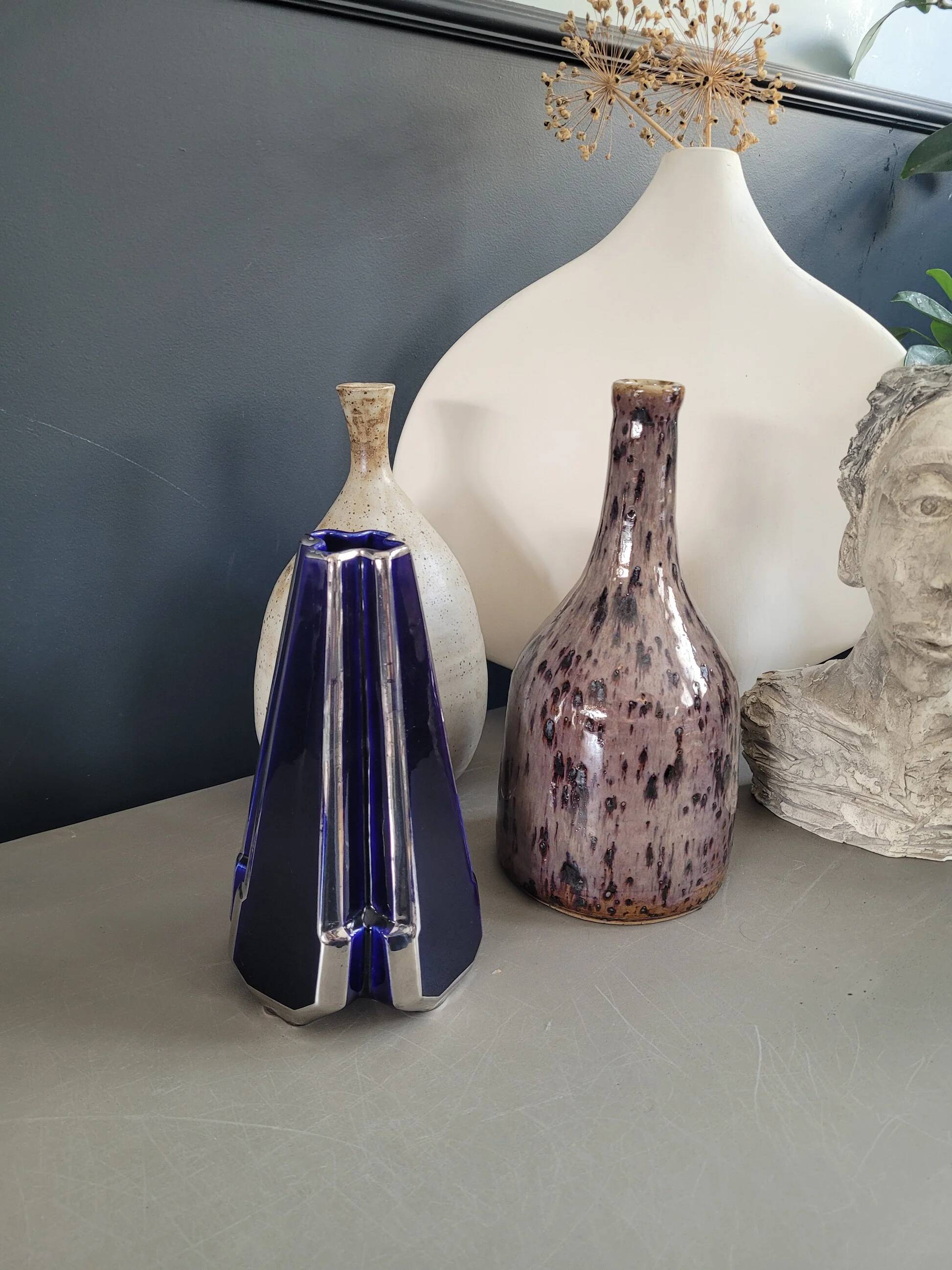 Pyramid vase Art Deco Moulin des Loups & Hamage Nord - blue and silver - Ref 959