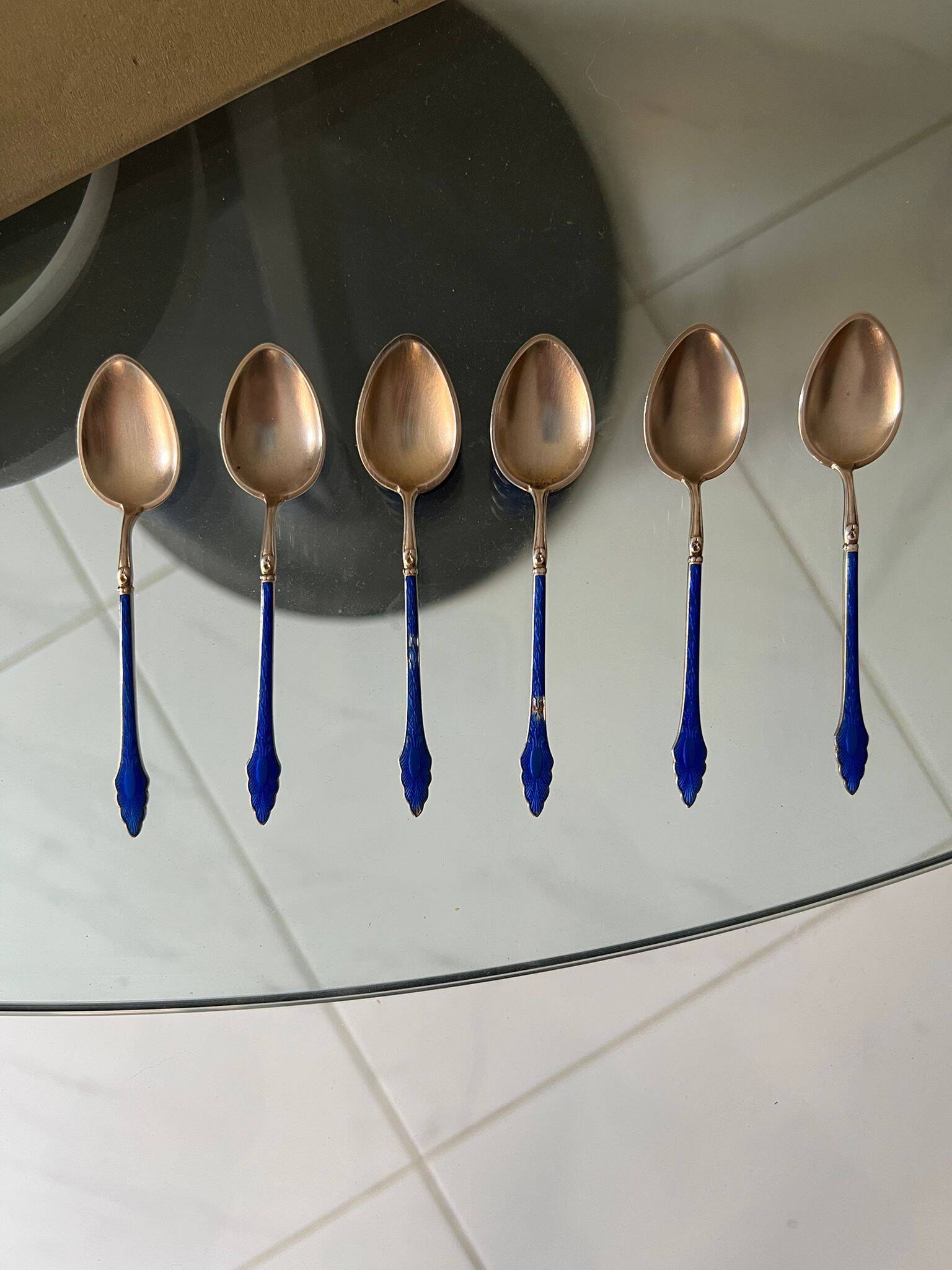 Coffee spoons late 19th century SOLID SILVER 995 3 hallmarks + ROYAL BLUE enamel ENGLISH origin