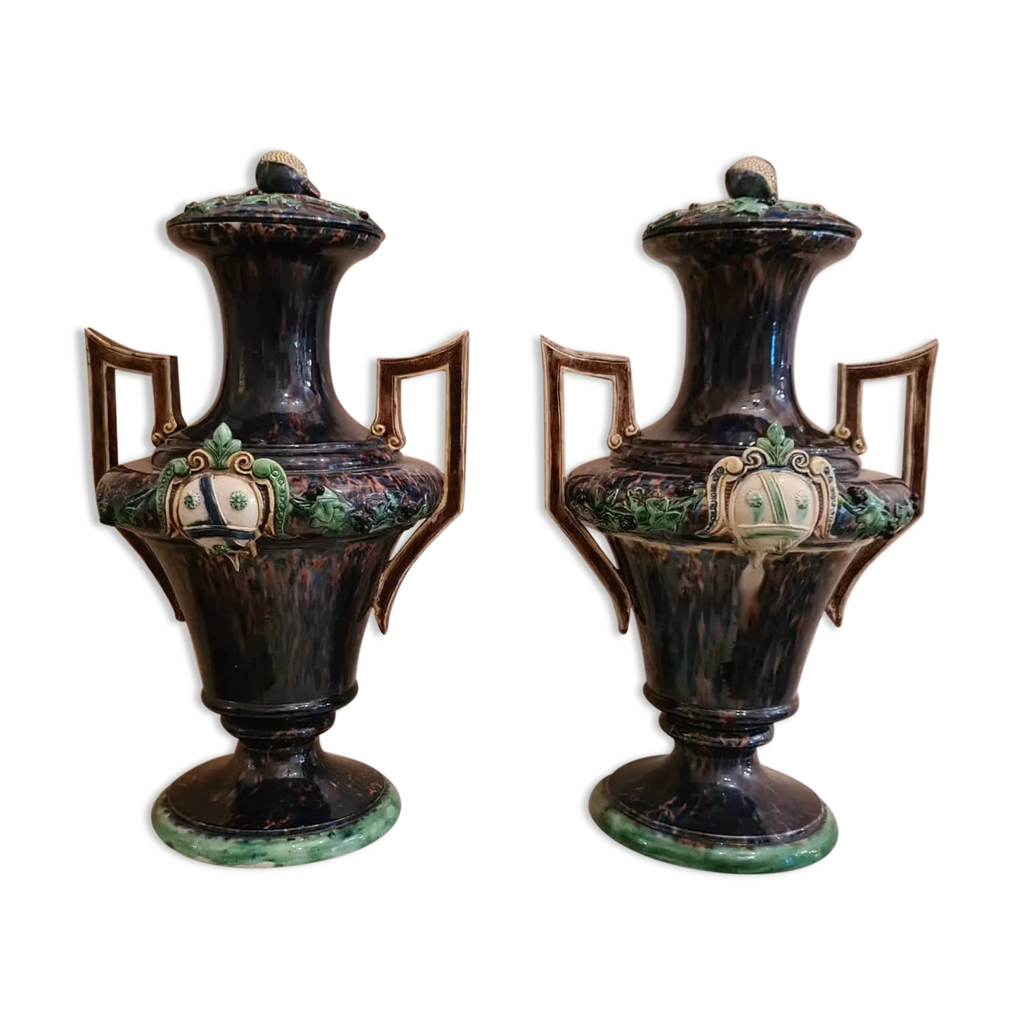 Large pair of polychrome earthenware vases, circa 1860.