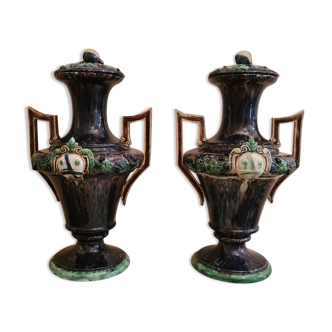Large pair of polychrome earthenware vases, circa 1860.