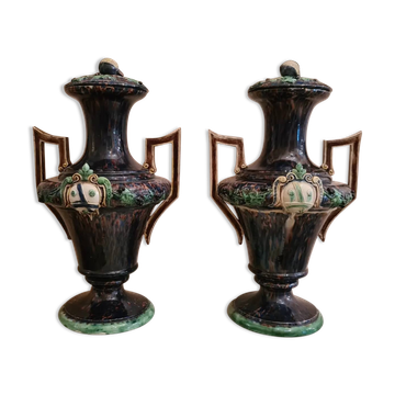Large pair of polychrome earthenware vases, circa 1860.