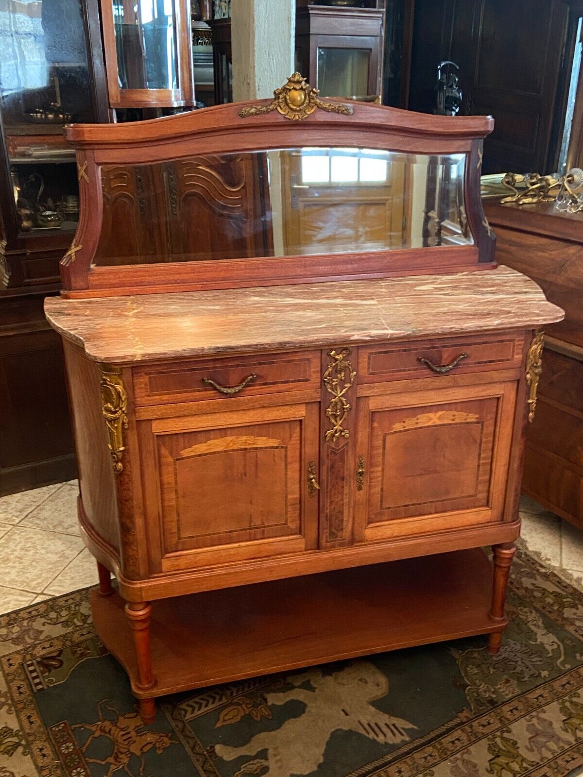 Desserte buffet with mirror background credenza and Louis XVI style marble top