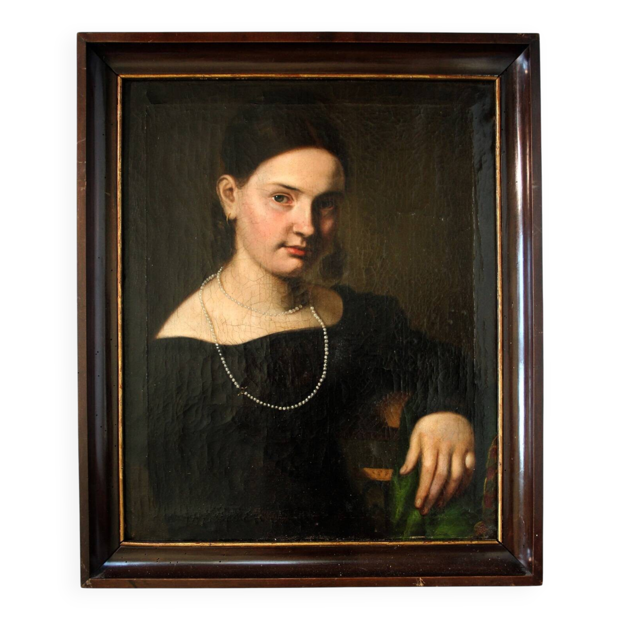 19th Century Oil Painting Portrait Young Lady   Wearing Pearl