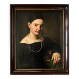 19th Century Oil Painting Portrait Young Lady   Wearing Pearl