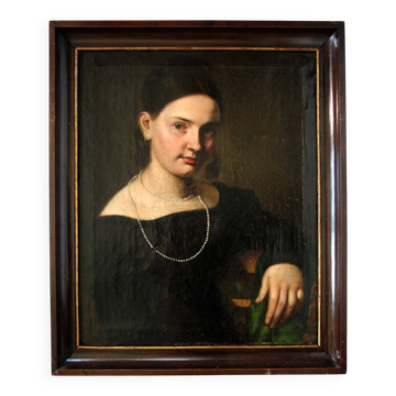 Portrait d'une jeune femme portant une perle, peinture à l'huile du 19ème siècle.