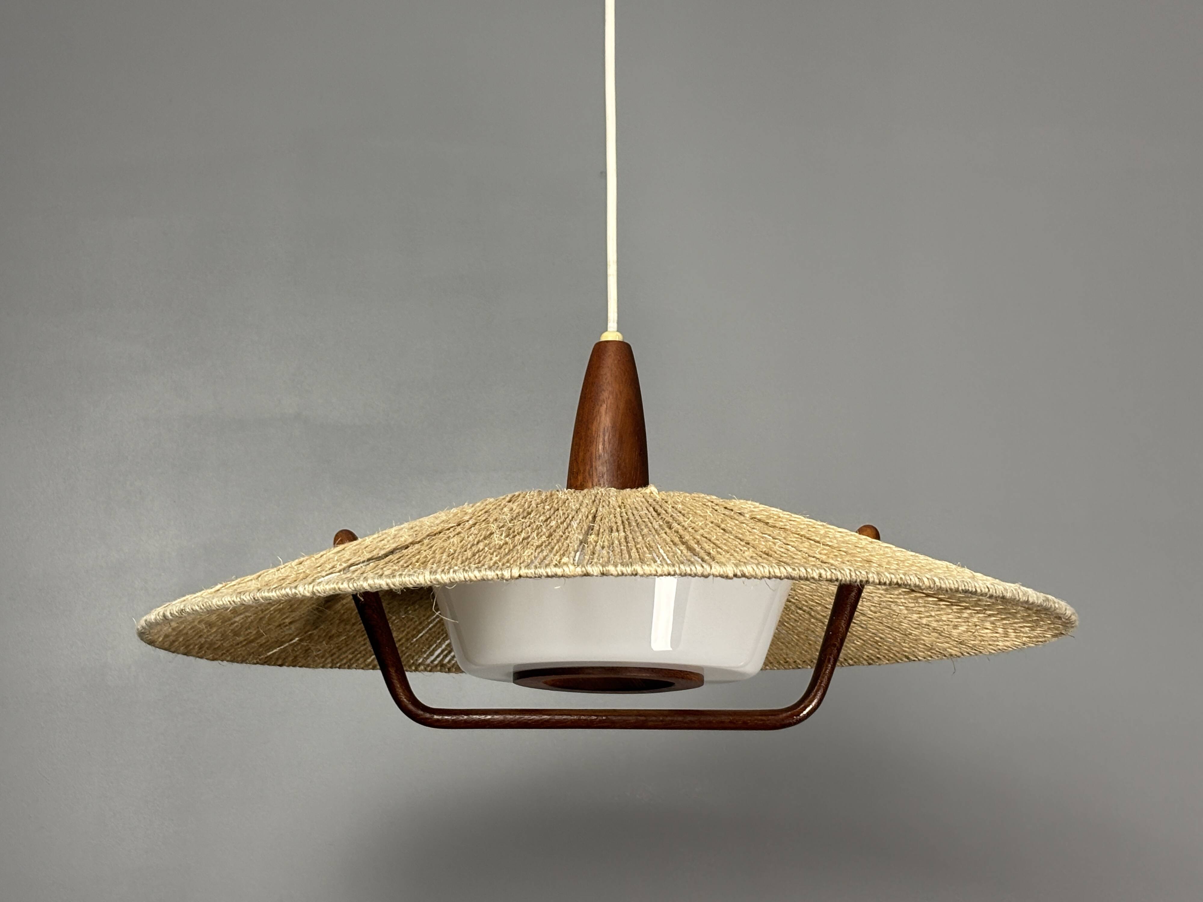Large Mid-Century Teak and Sisal Cord Hanging Pendant by Temde Leuchten,60s