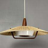 Large Mid-Century Teak and Sisal Cord Hanging Pendant by Temde Leuchten,60s