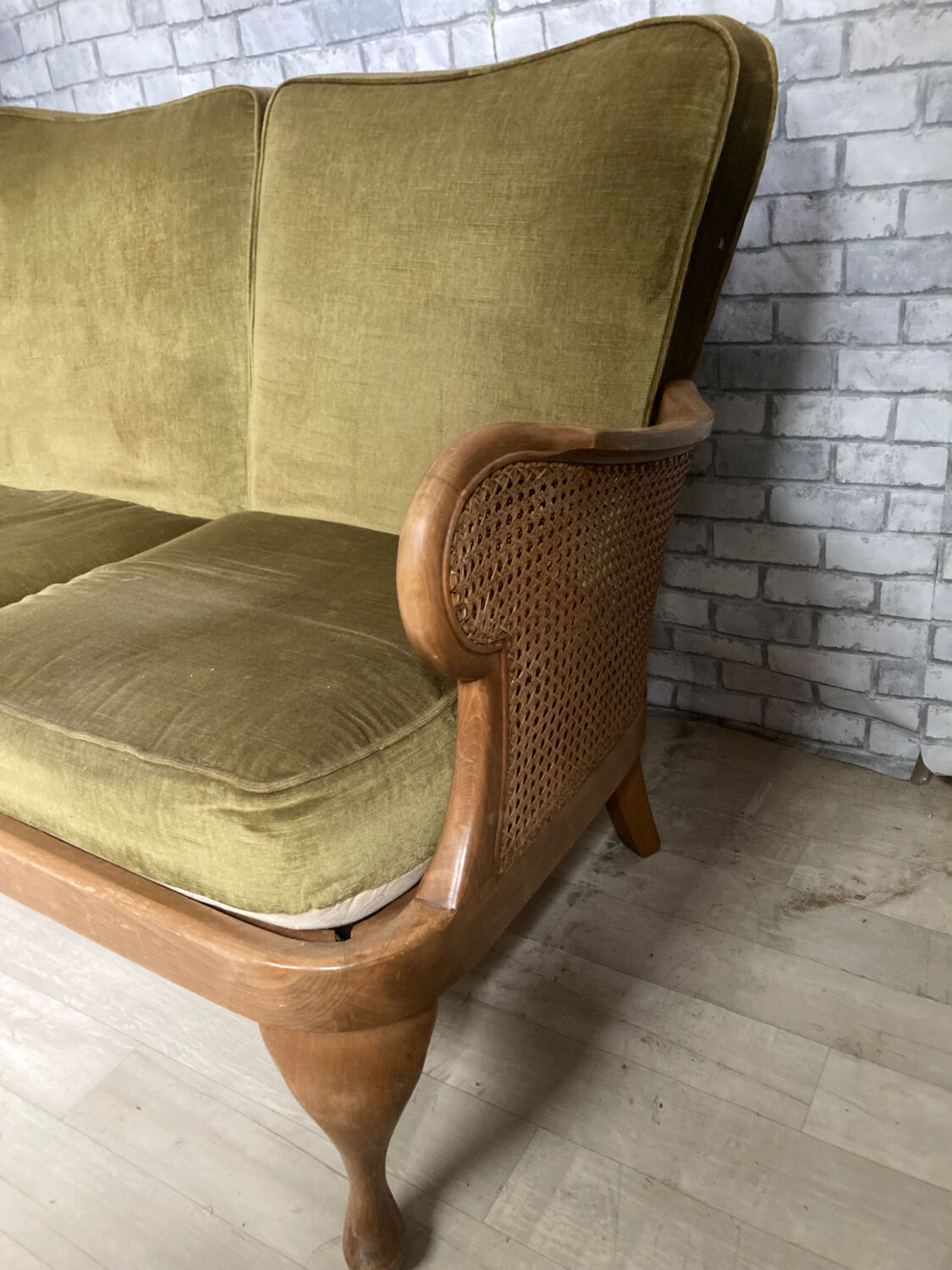 Cane and velvet fabric bench