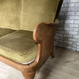 Cane and velvet fabric bench