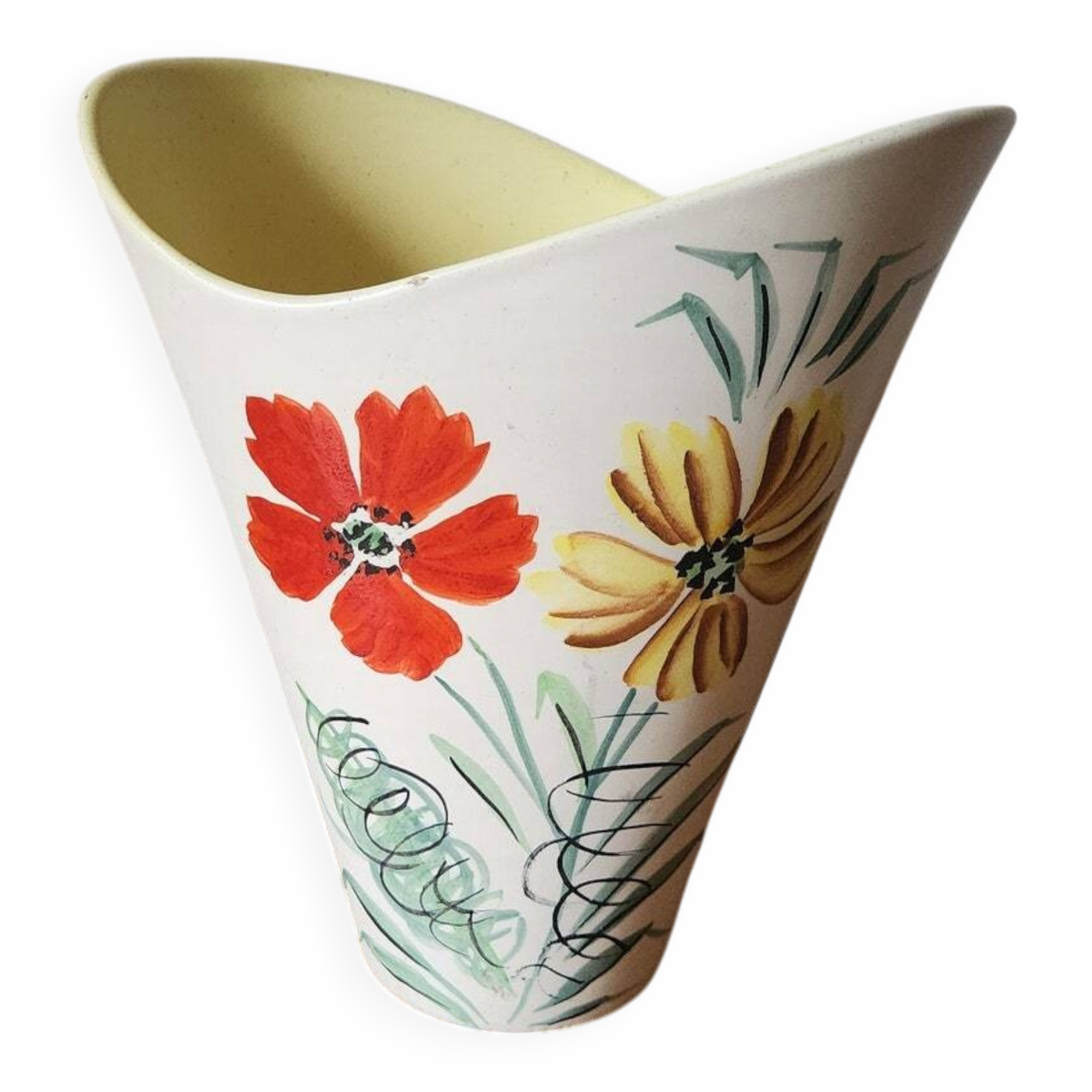 Vintage Vallauris 1960s Studio Art Vase Hand Painted Flowers & Yellow