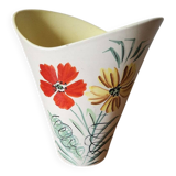 Vintage Vallauris 1960s Studio Art Vase Hand Painted Flowers & Yellow
