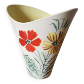 Vase vintage Vallauris années 1960, peint à la main, fleurs et jaune