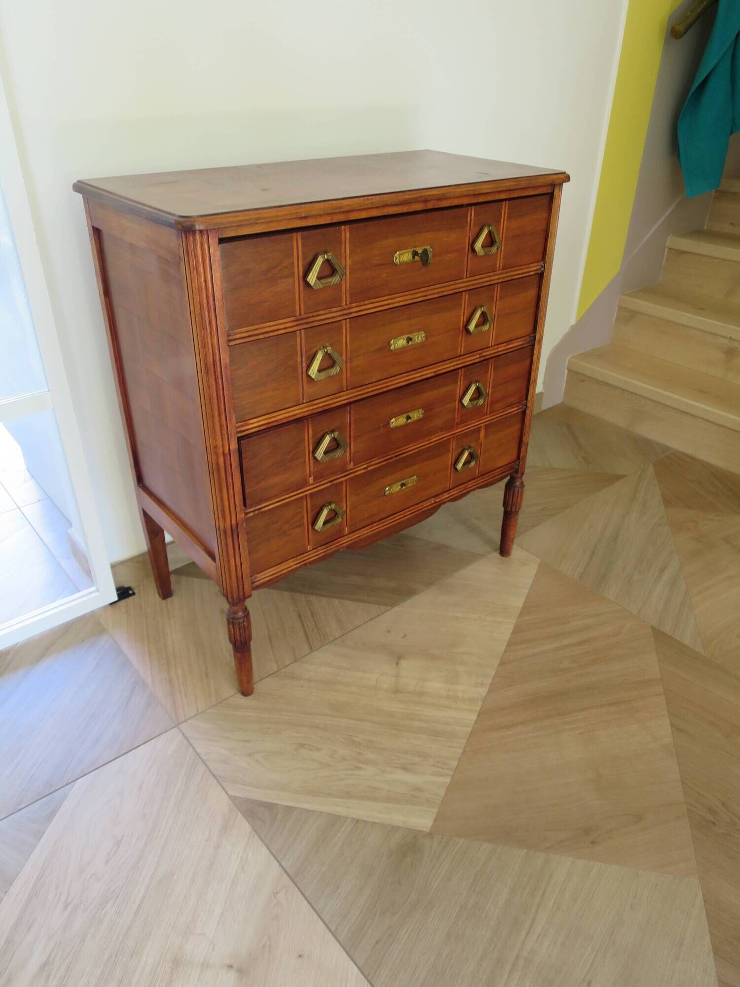 Art Deco chest of drawers - 4 drawers - locks - checkered wood veneer top - 50s