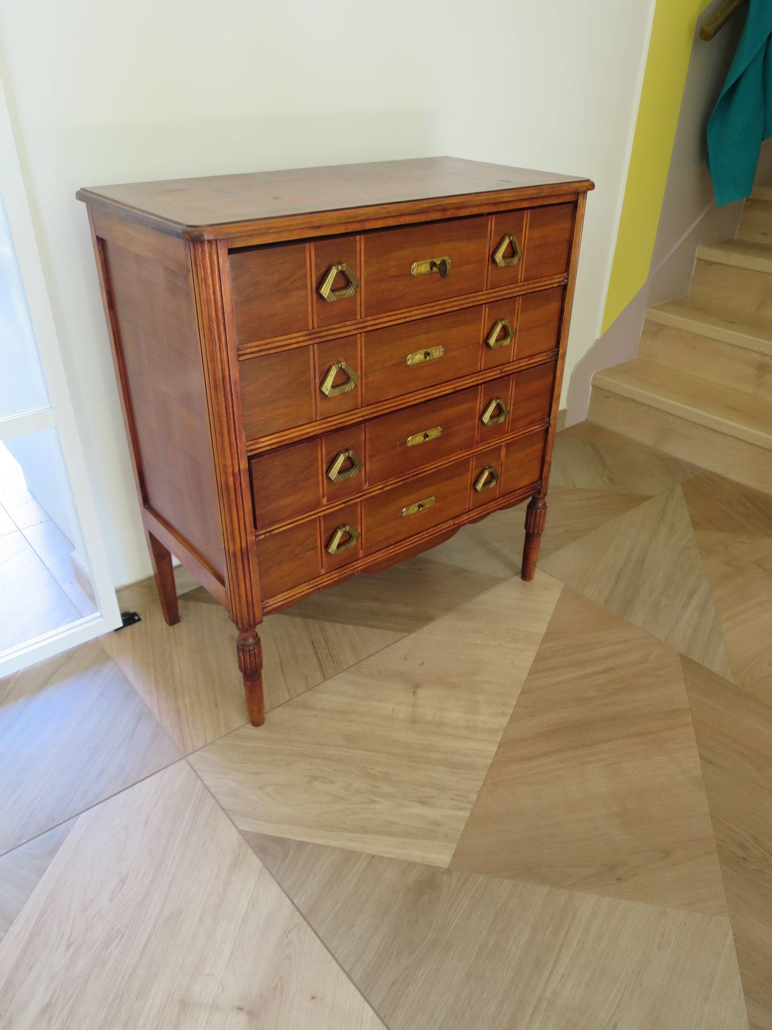 Art Deco chest of drawers - 4 drawers - locks - checkered wood veneer top - 50s