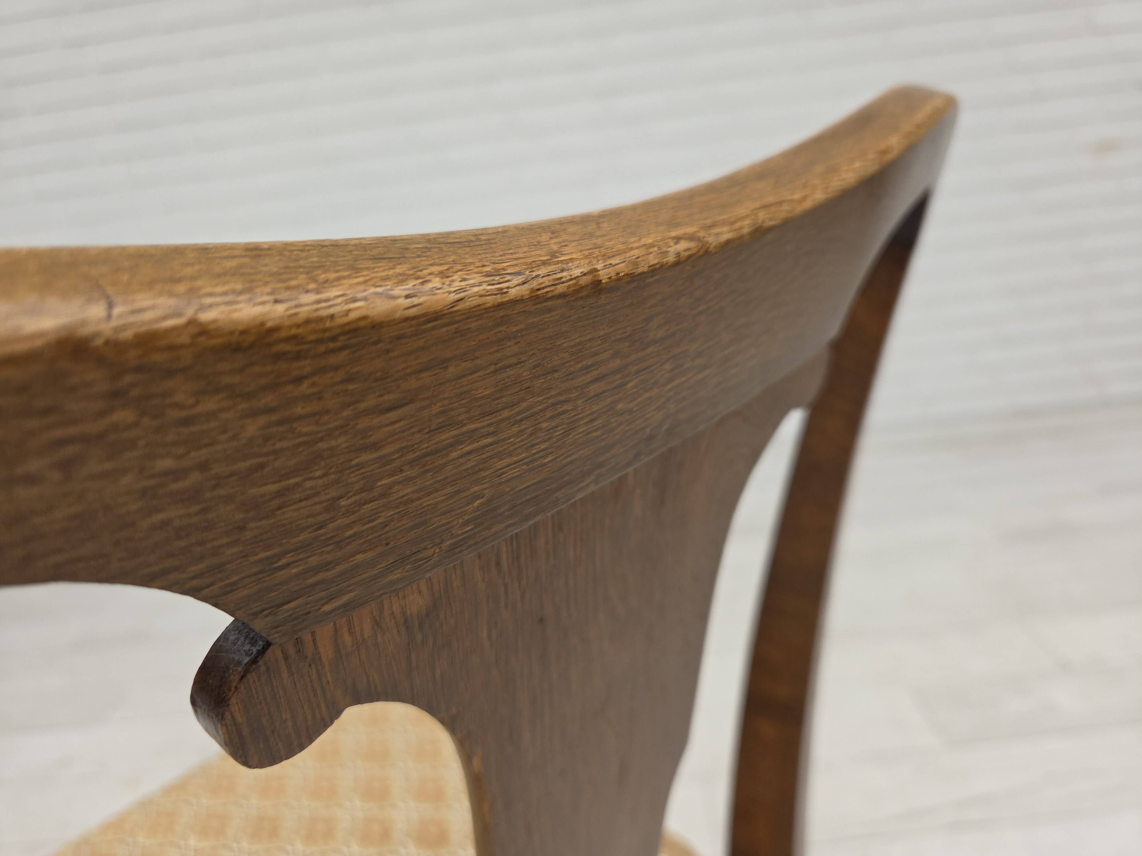 1930s, set of 6 Danish chairs, furniture velour, oak wood, reupholstered.