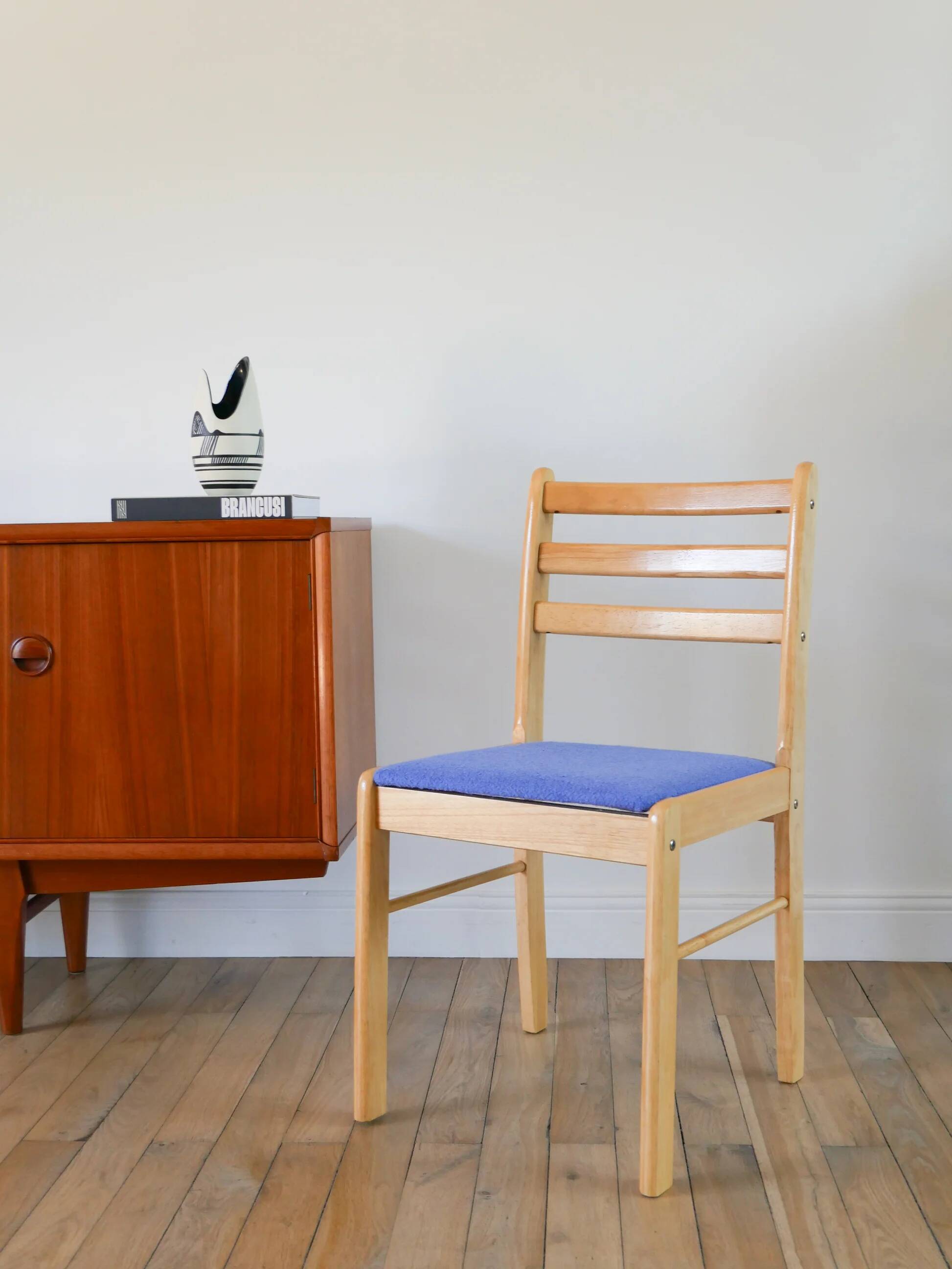 Set of 4 solid pine chairs, reupholstered in ocean blue wool, 1980.