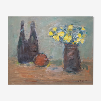 Painting by Nagao Usui "Bottles and yellow bouquet"