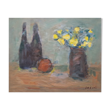 Painting by Nagao Usui "Bottles and yellow bouquet"