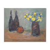 Peinture de Nagao Usui "Bouteilles et bouquet jaune"