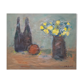 Painting by Nagao Usui "Bottles and yellow bouquet"