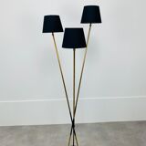 Floor lamp 3 arms 50 years brass and black lacquer for house Arlus