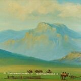 Mongolia landscape painting Signed golden frame