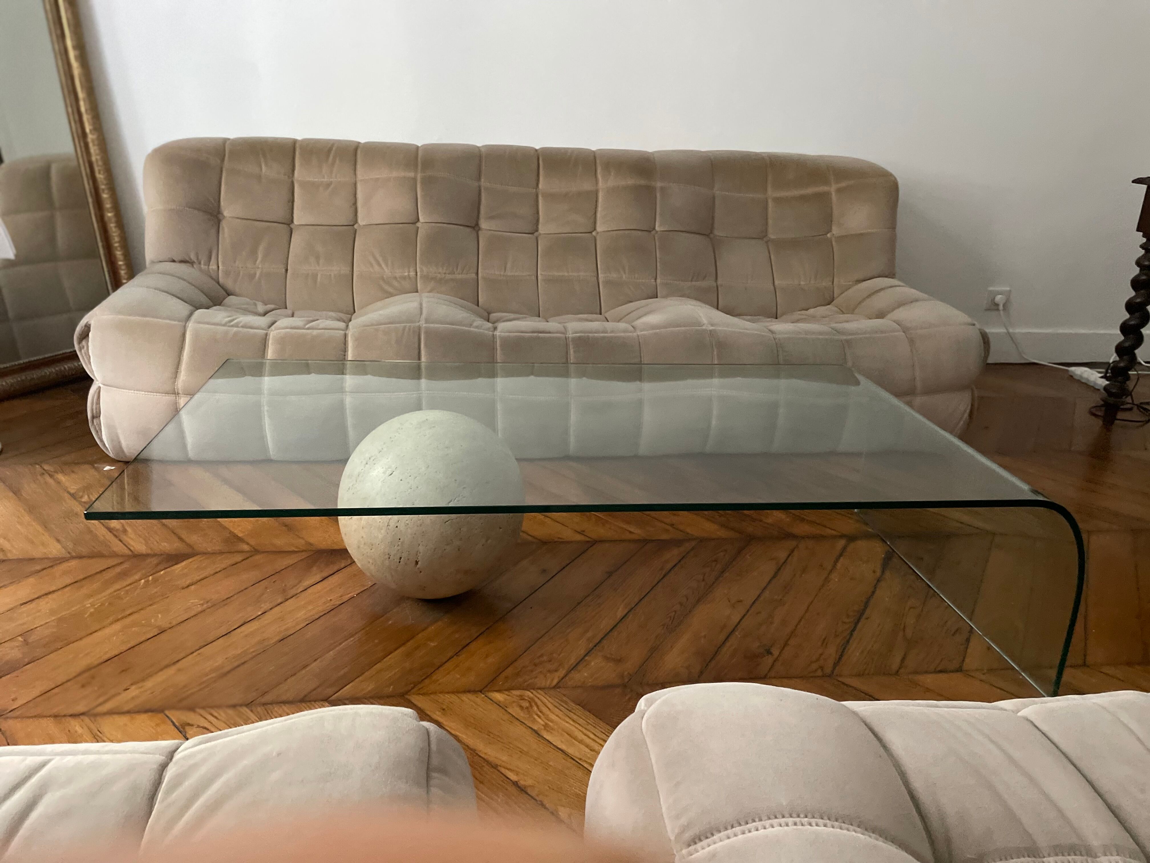 Vintage coffee table Italian design curved glass and travertine