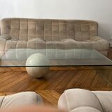 Vintage coffee table Italian design curved glass and travertine