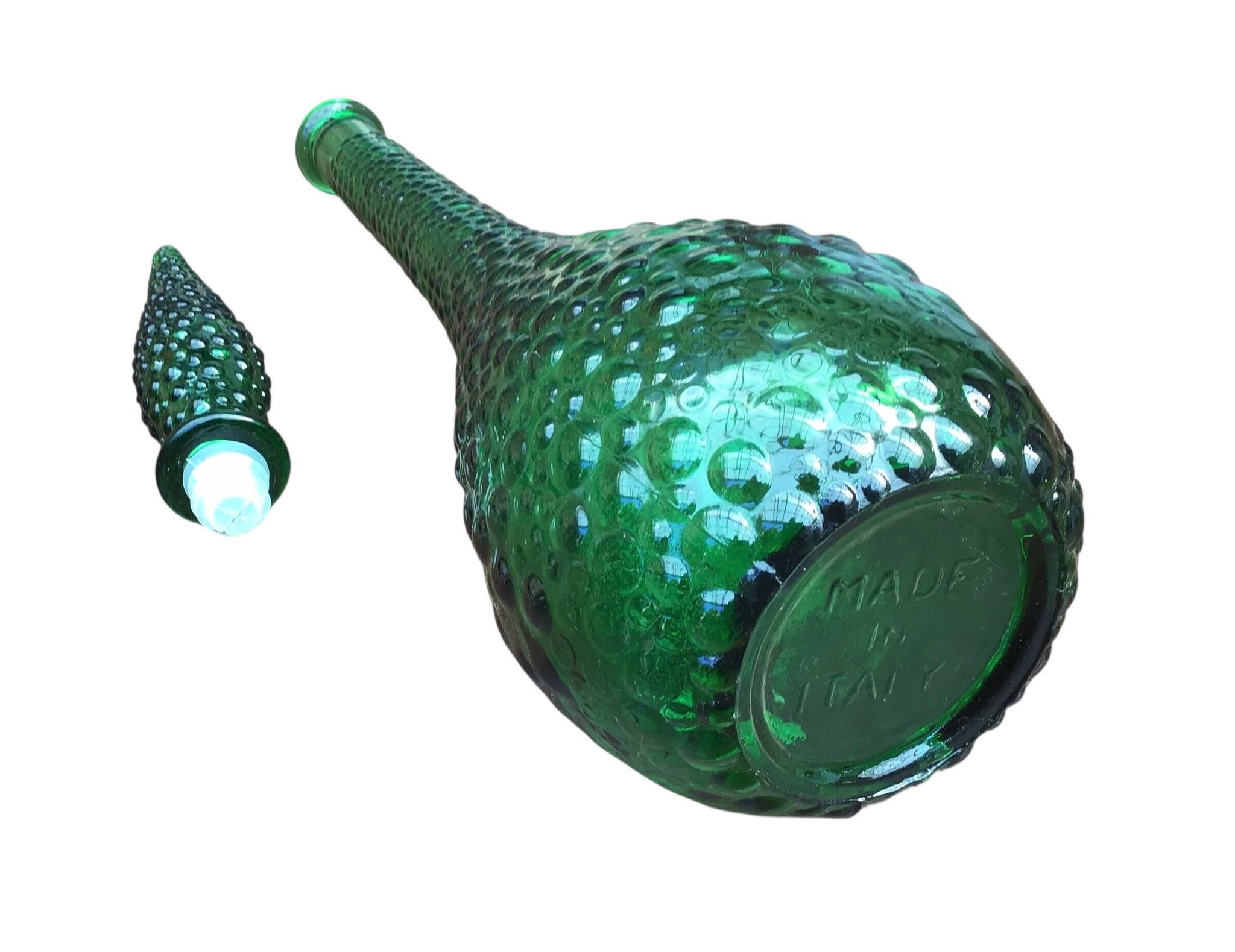 Large green Genie Empoli bubble glass bottle, Italy 1960s