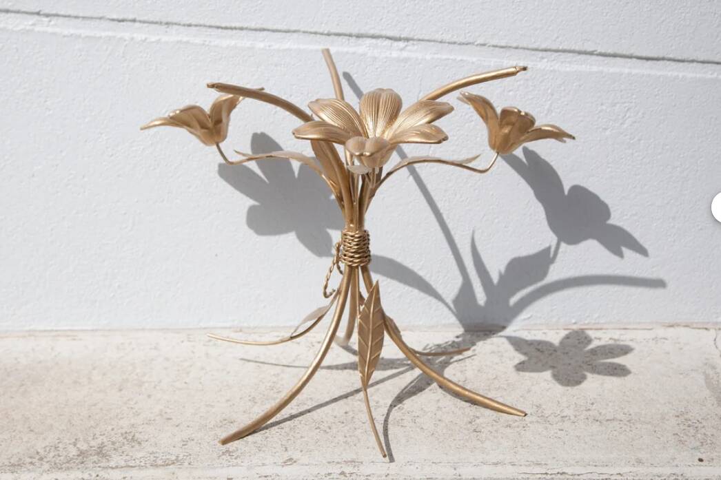 Vintage coffee table, brass and smoked glass table, Hans Kogl style flower table, lotus flower table