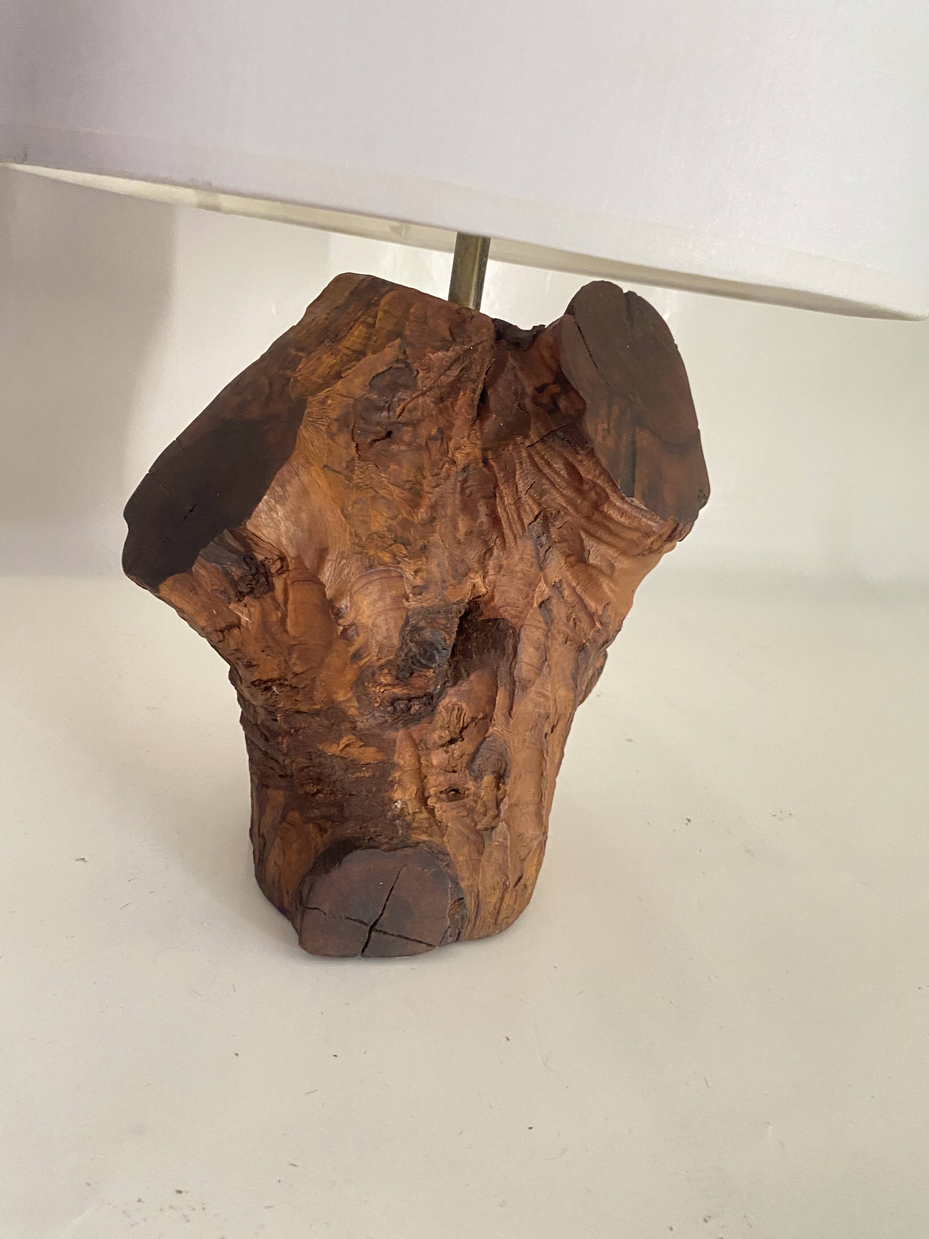 Brutalist wooden lamp, new 2M fabric cable, lampshade