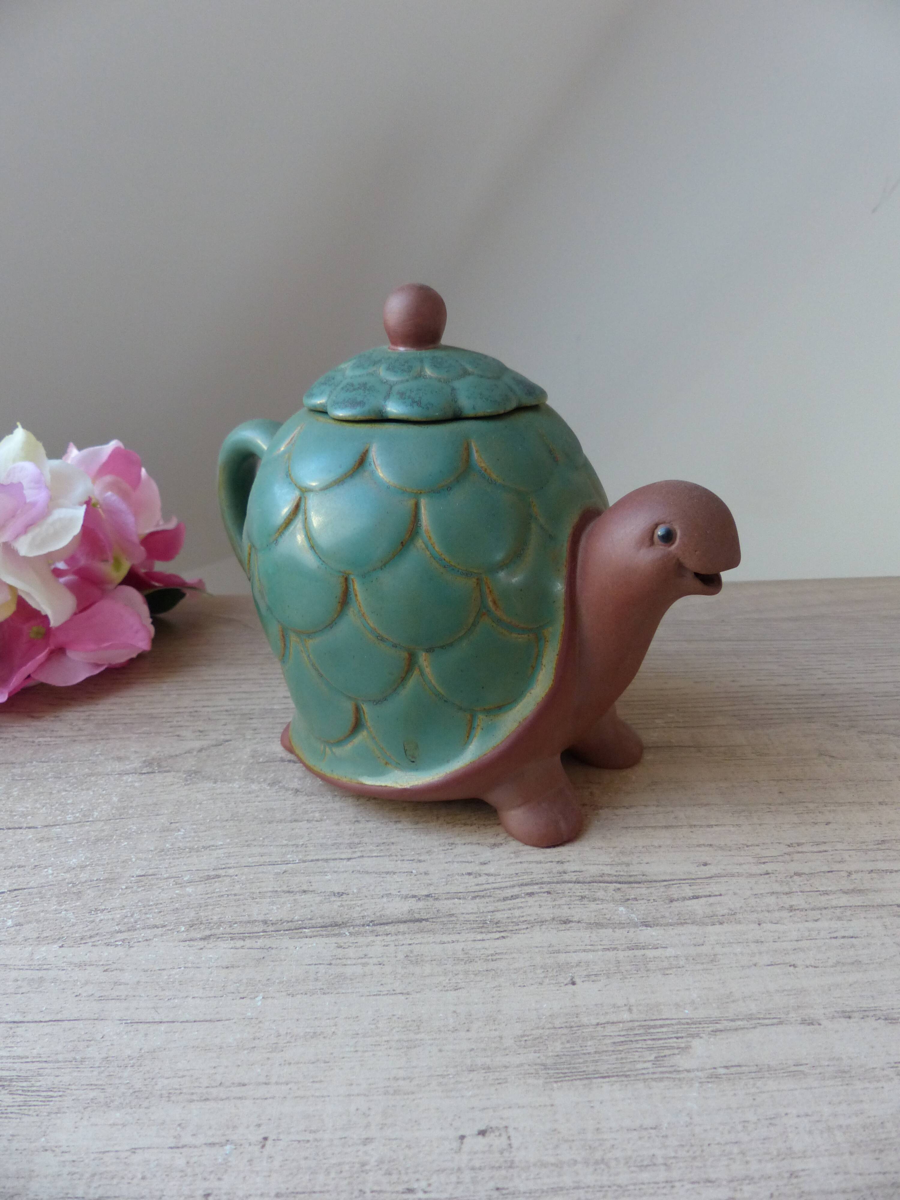 Vintage authentic teapot zoomorphic turtle sandstone japan