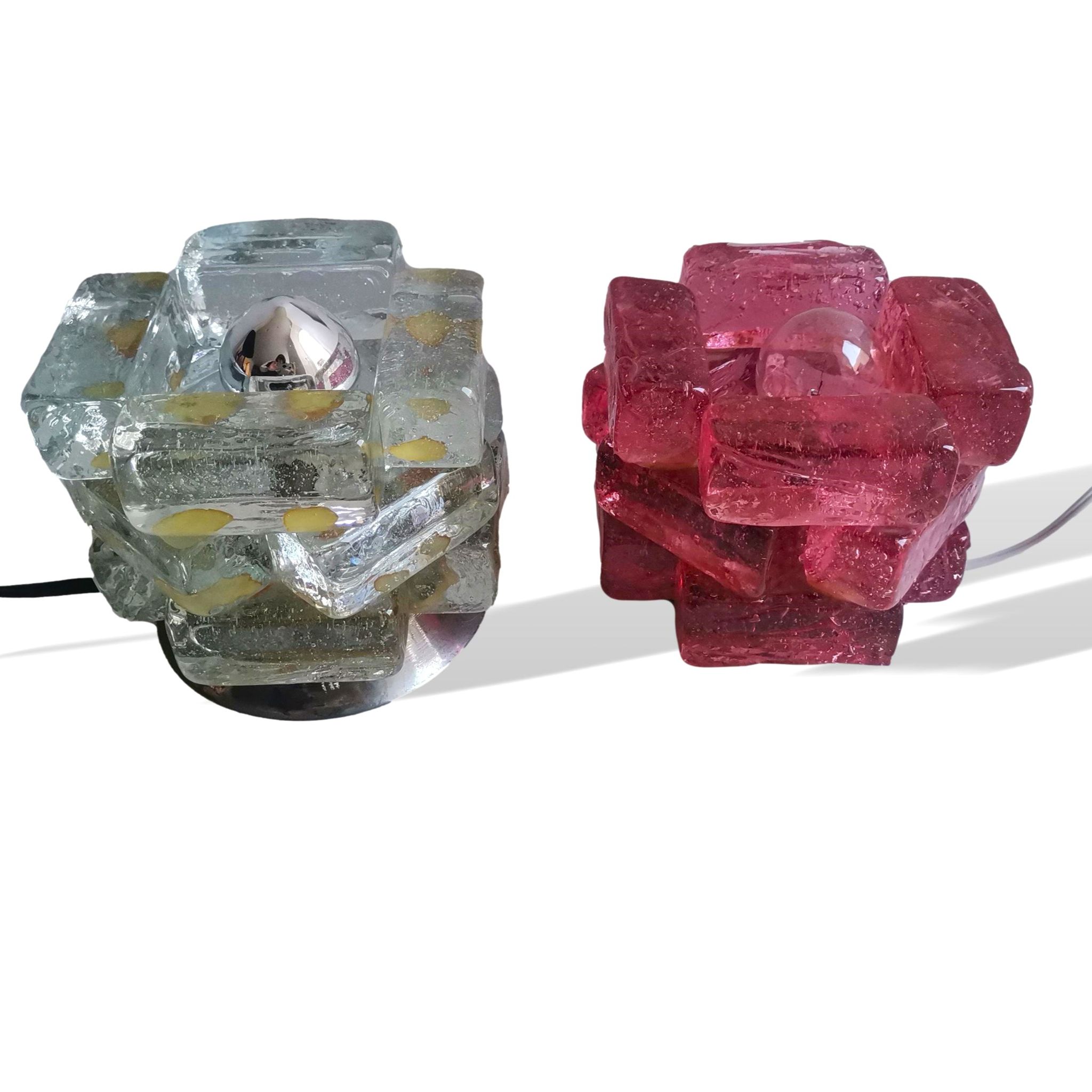 Brutalist solid bubble glass clear and red table lamps 1960s, set of 2