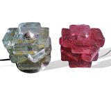 Brutalist solid bubble glass clear and red table lamps 1960s, set of 2