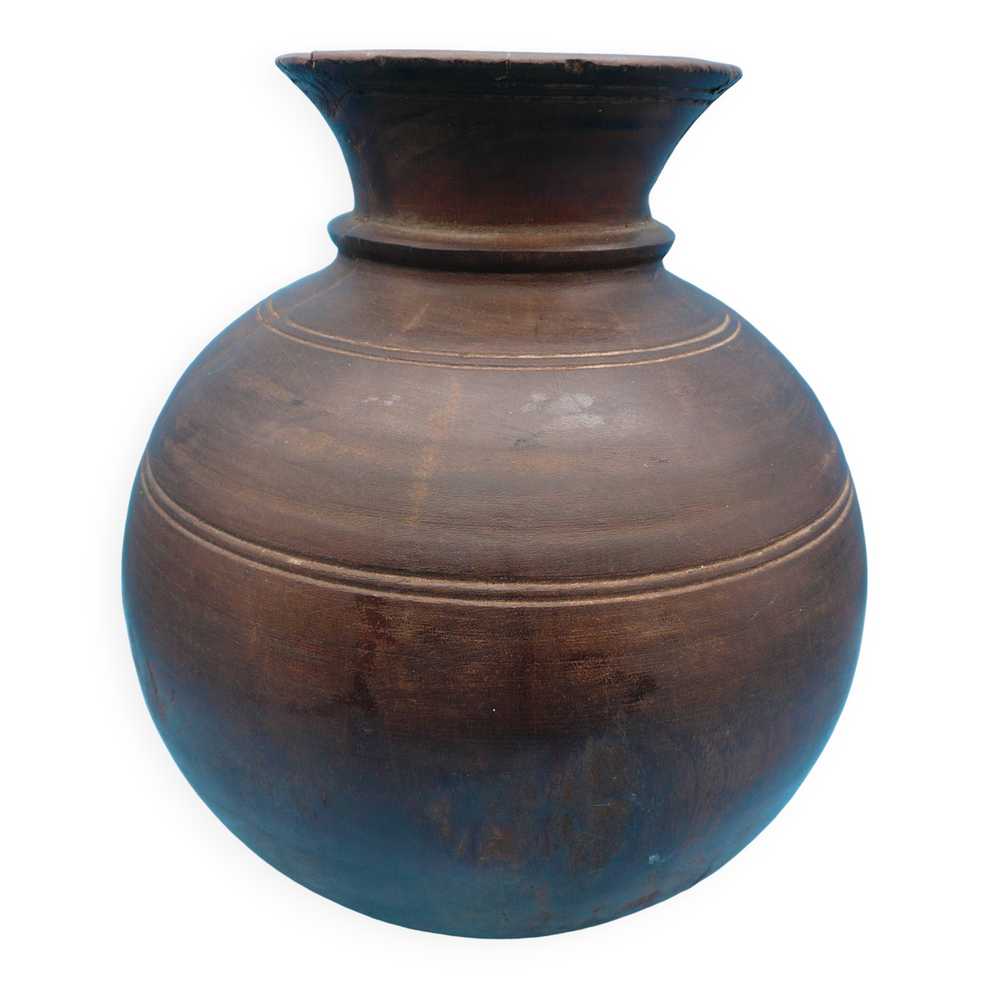 Large carved wooden pot / India