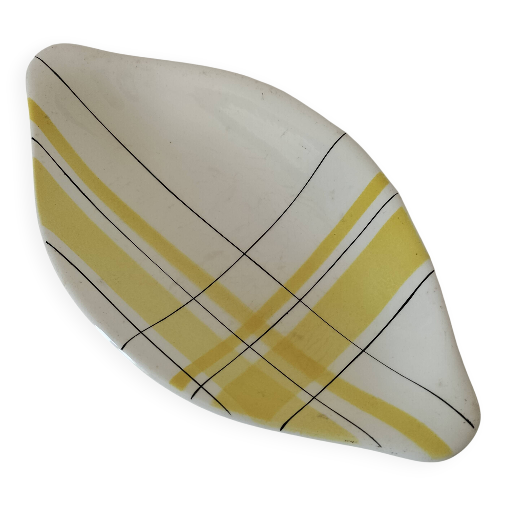 Salins shuttle dish – “Montreal” yellow & black decor – 1950s