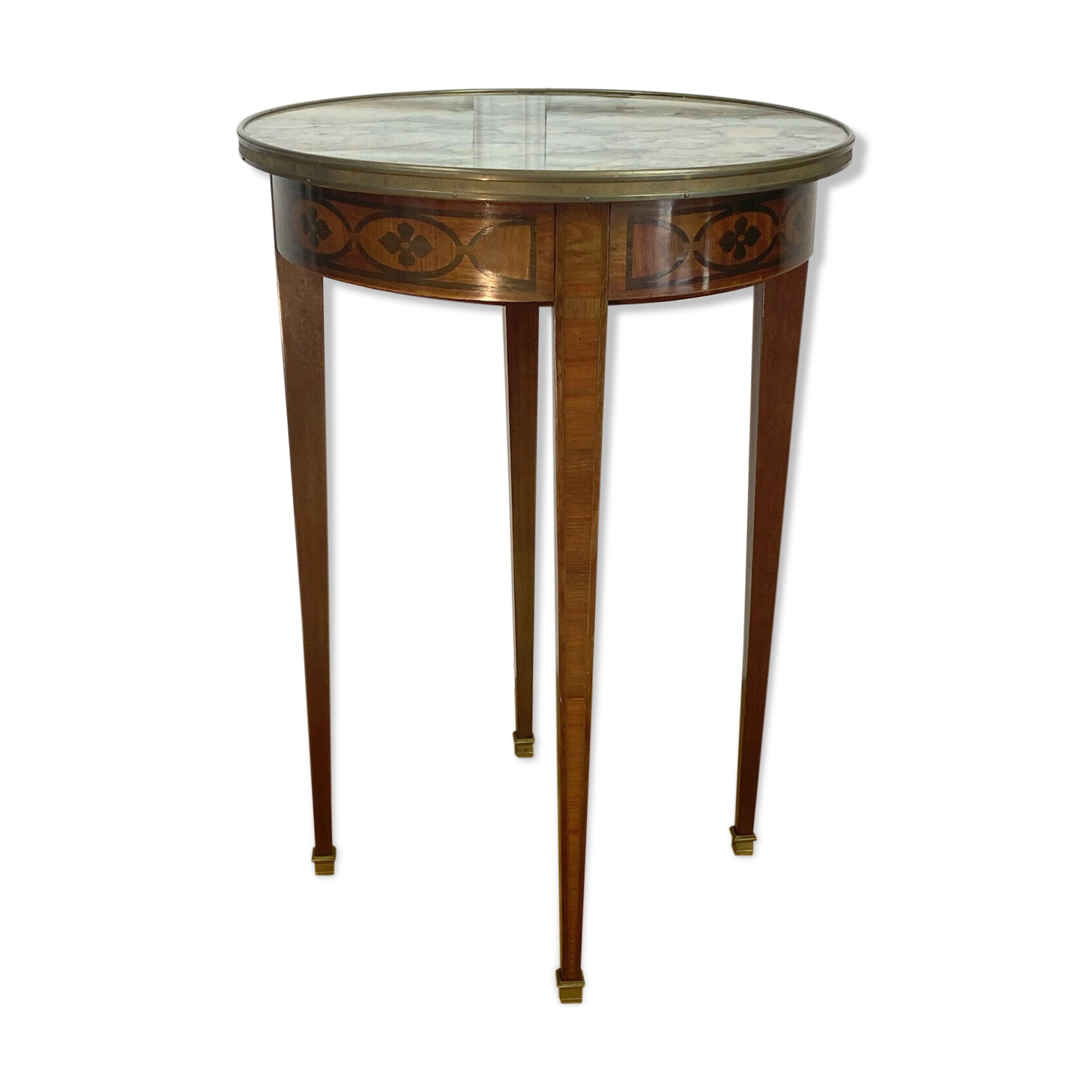 Gueridon in marquetry and marble top of Louis XVI style Napoleon III era