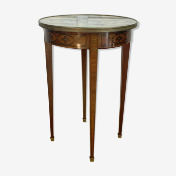 Gueridon in marquetry and marble top of Louis XVI style Napoleon III era