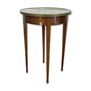 Gueridon in marquetry and marble top of Louis XVI style Napoleon III era