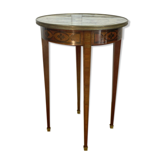 Gueridon in marquetry and marble top of Louis XVI style Napoleon III era