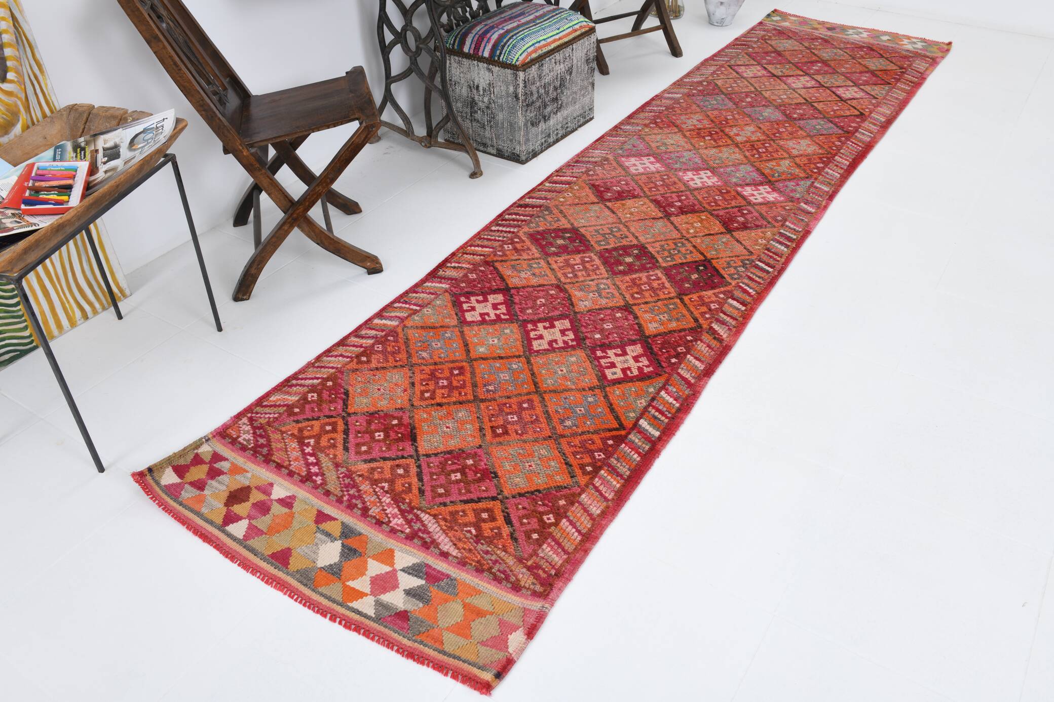 Tapis Couloir Turc Géométrique, Tapis Tribal Vintage, 87x366 Cm