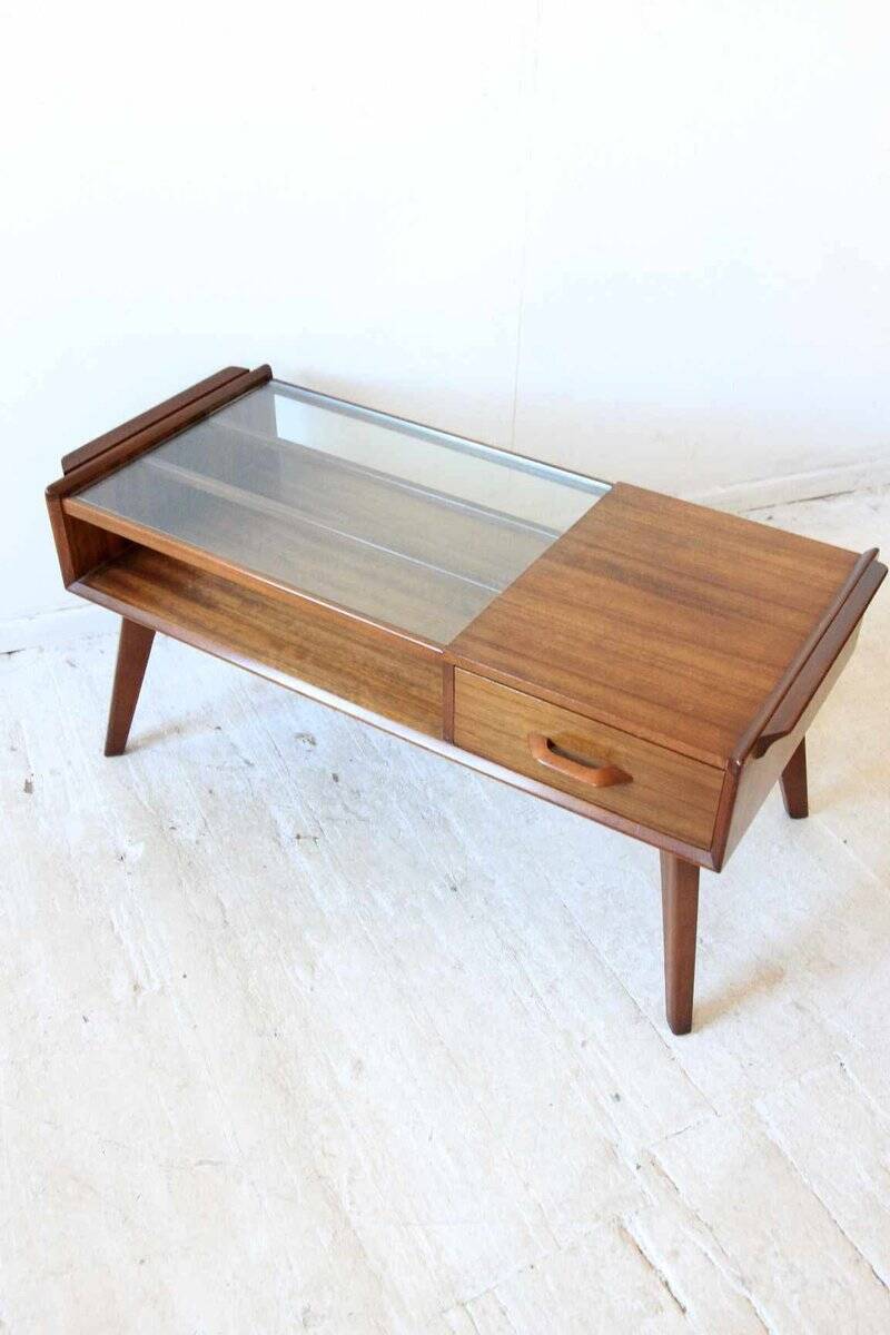 Table basse vintage G-Plan en teck marron années 1950, design mid-century, tiroir intégré