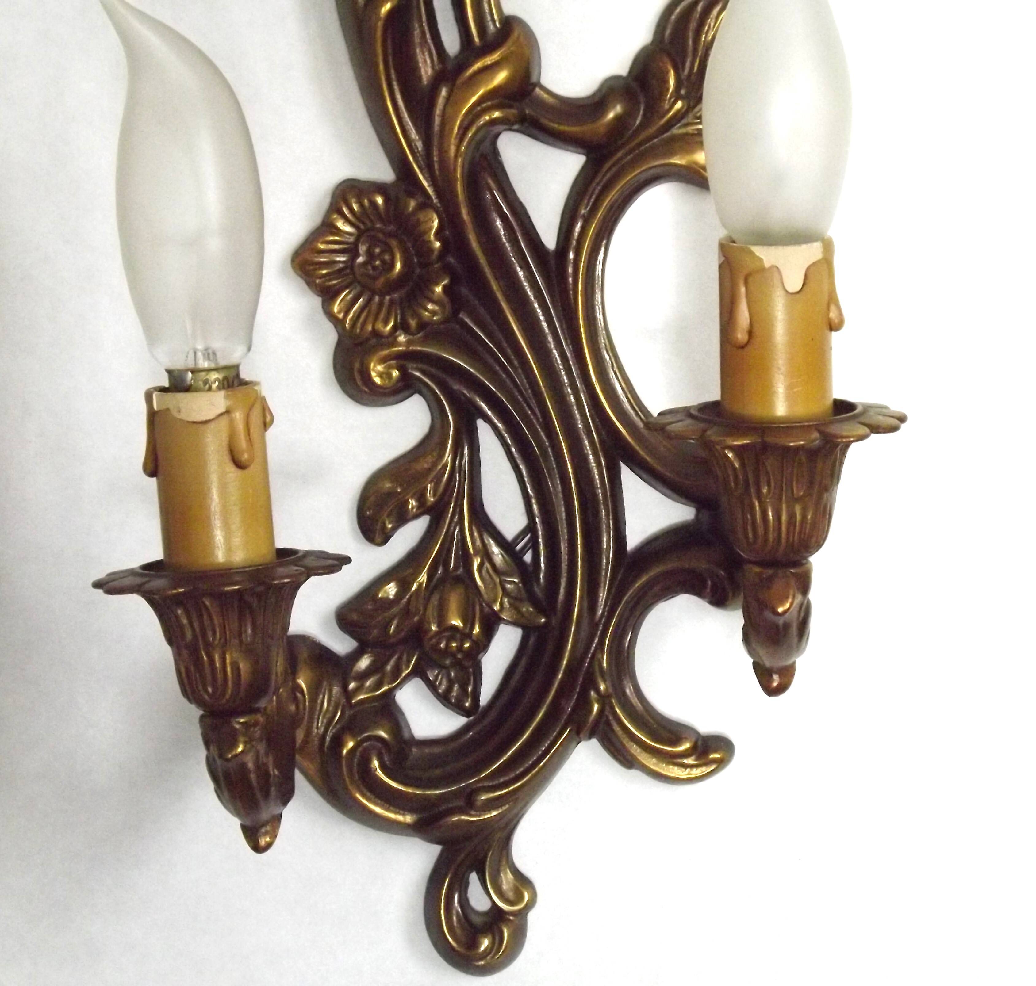 Pair Vintage French Bronze Double Wall Lights Acanthus Leaf & Flower Detail