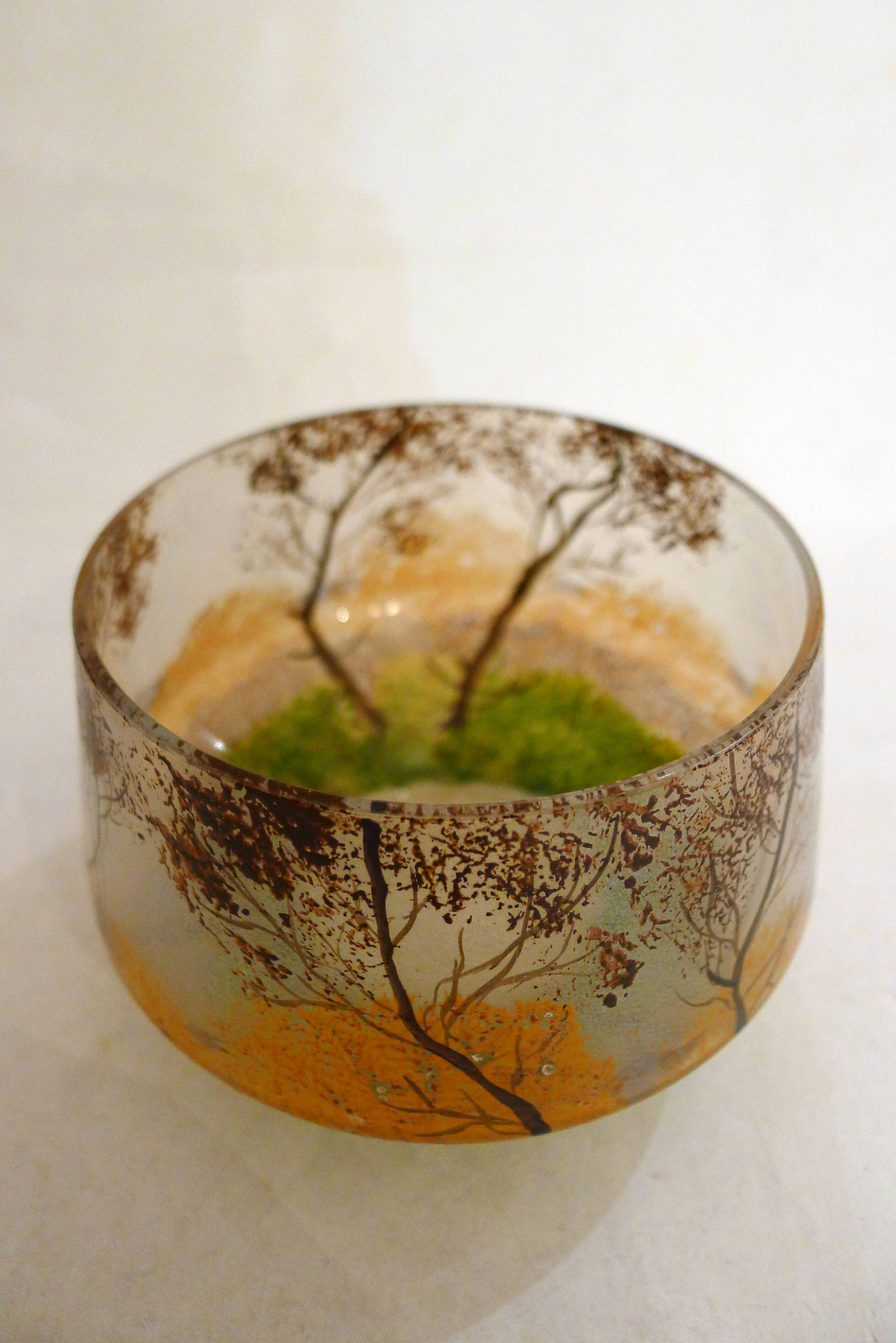 Small Art Nouveau enameled landscape vase/pot